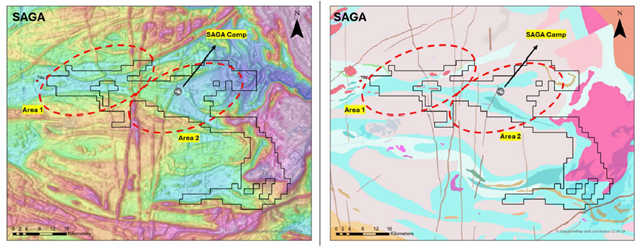 Saga ground over Quebec Govt Magnetics and Lithology. On the right, in blue, are metasedimentary rocks that are contiguous with the Trieste Greenstone Belt.