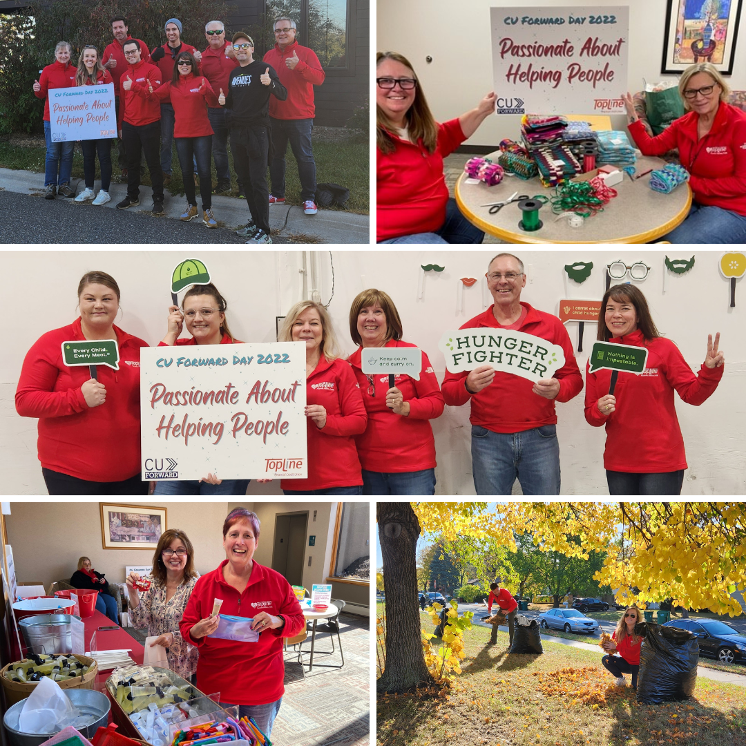 Collage of TopLine employees at CU Forward Day volunteer sites