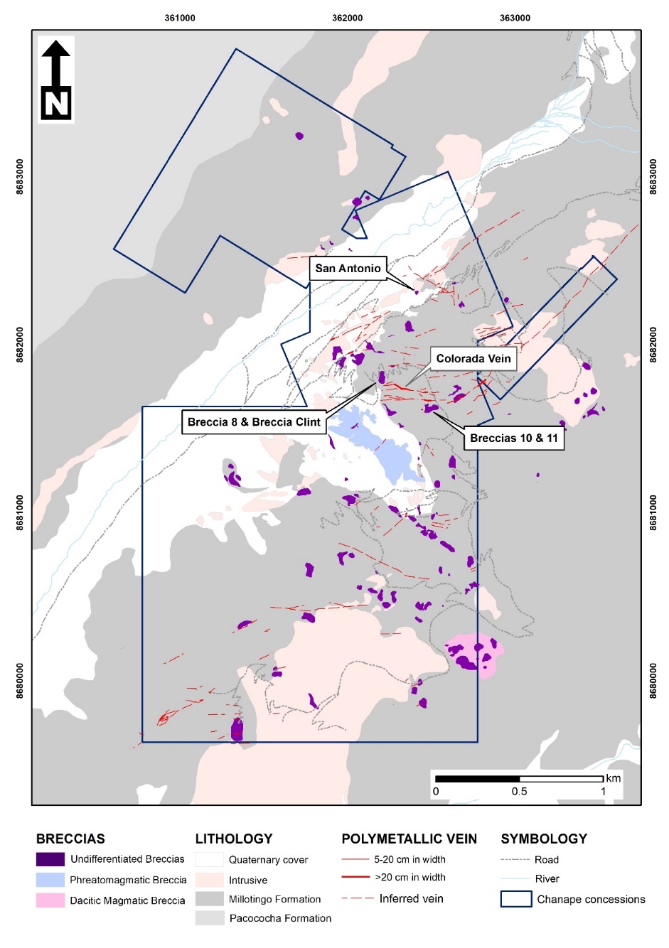 A colored map showing the geology and prospects drilled at the Chanape Project