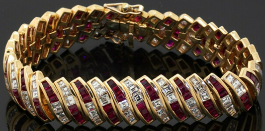 Heavy vintage 18K YG 21.60CT VS1/F Asscher cut diamond and ruby bracelet

