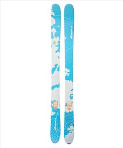 image shows a pair of limited edition skis white with light blue details, designed through a partnership with Christy Sports, Nordica and SOS Outreach