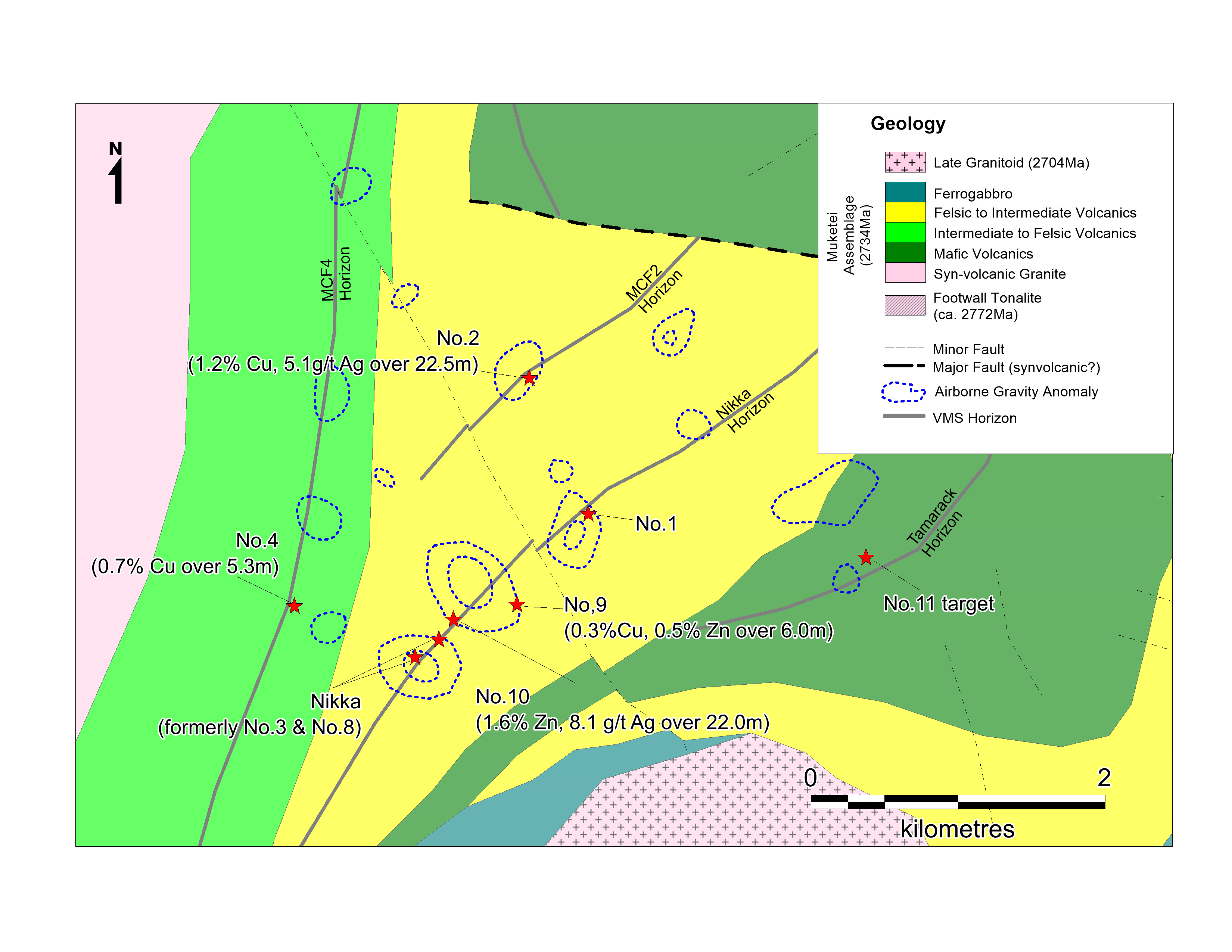 Figure 2 - McFaulds property geology showing VMS horizons, known sulfide lenses and identified gravity anomalies