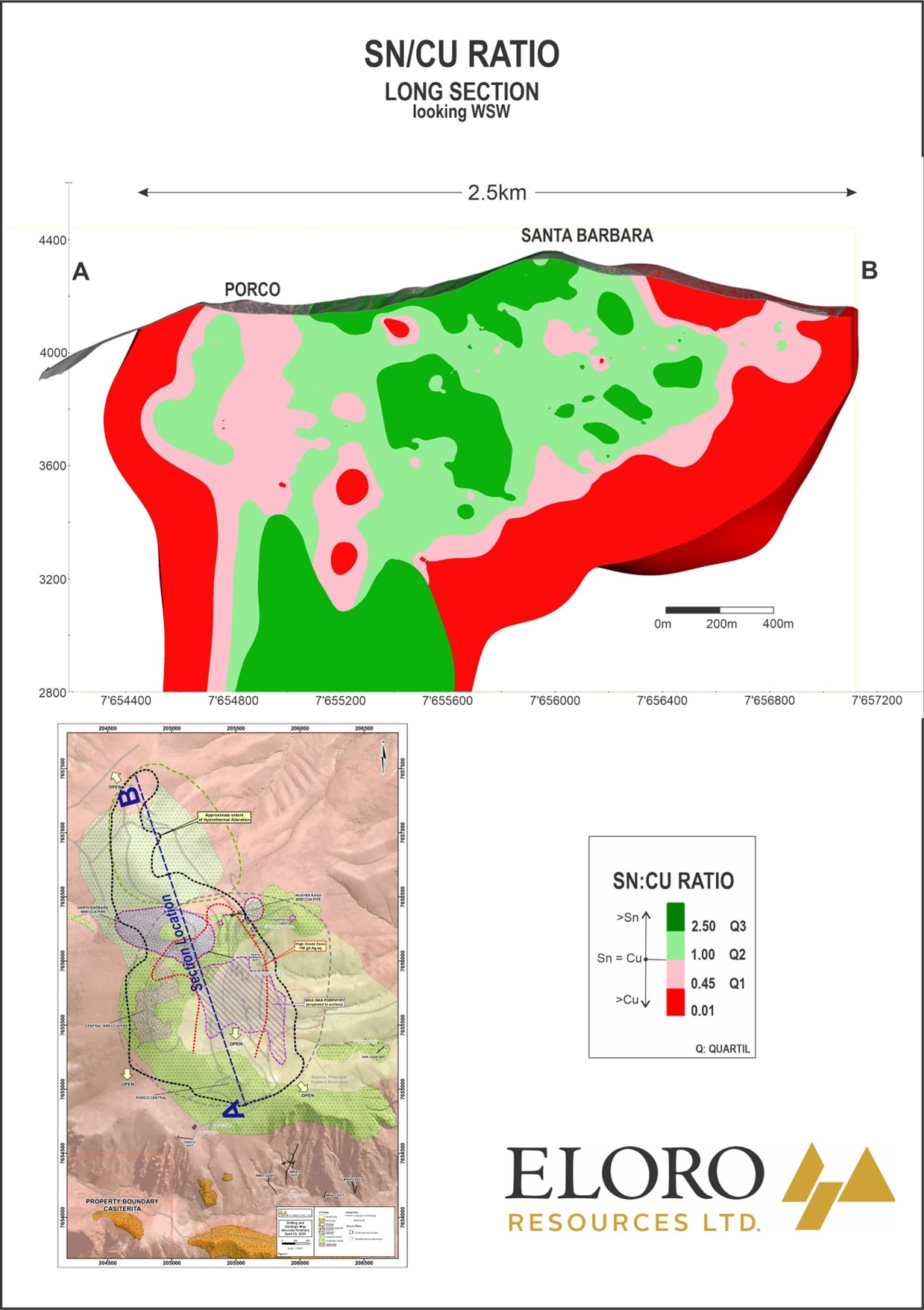 A colored map with a key showing SN/CU ratio looking west-southwest.