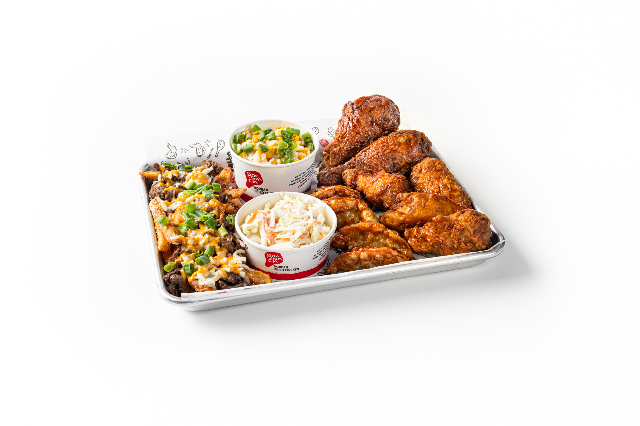 A sampler of Bonchon’s most popular menu items, including 2 drums and 4 wings with a choice of Bonchon’s signature sauce, Pork Potstickers, Bulgogi Fries, Korean Street Corn, and Coleslaw.