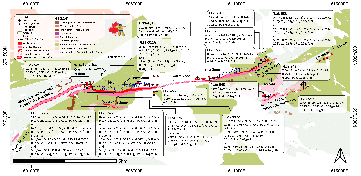 Geological map showing the mineralized zones and the mineralized intercepts in selected drill holes completed in the summer drilling program at Ferguson Lake Project.