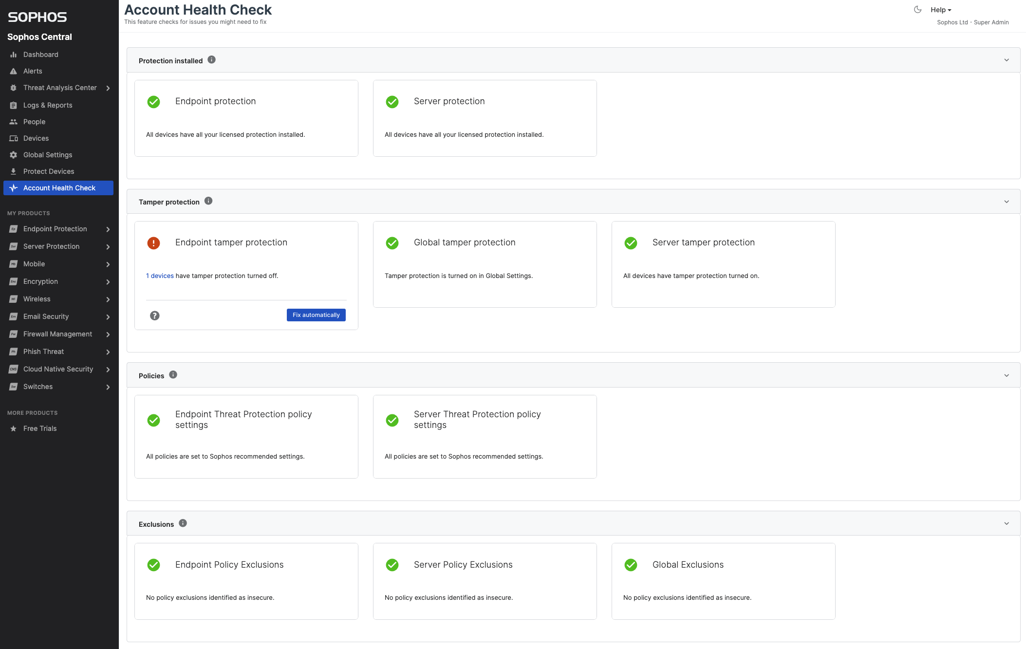 Sophos Endpoint Security - Account Health Check