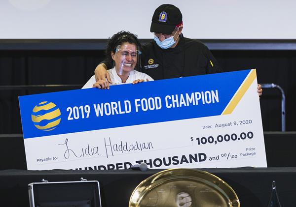 Moments after Lidia was crowned the new World Food Champion. 