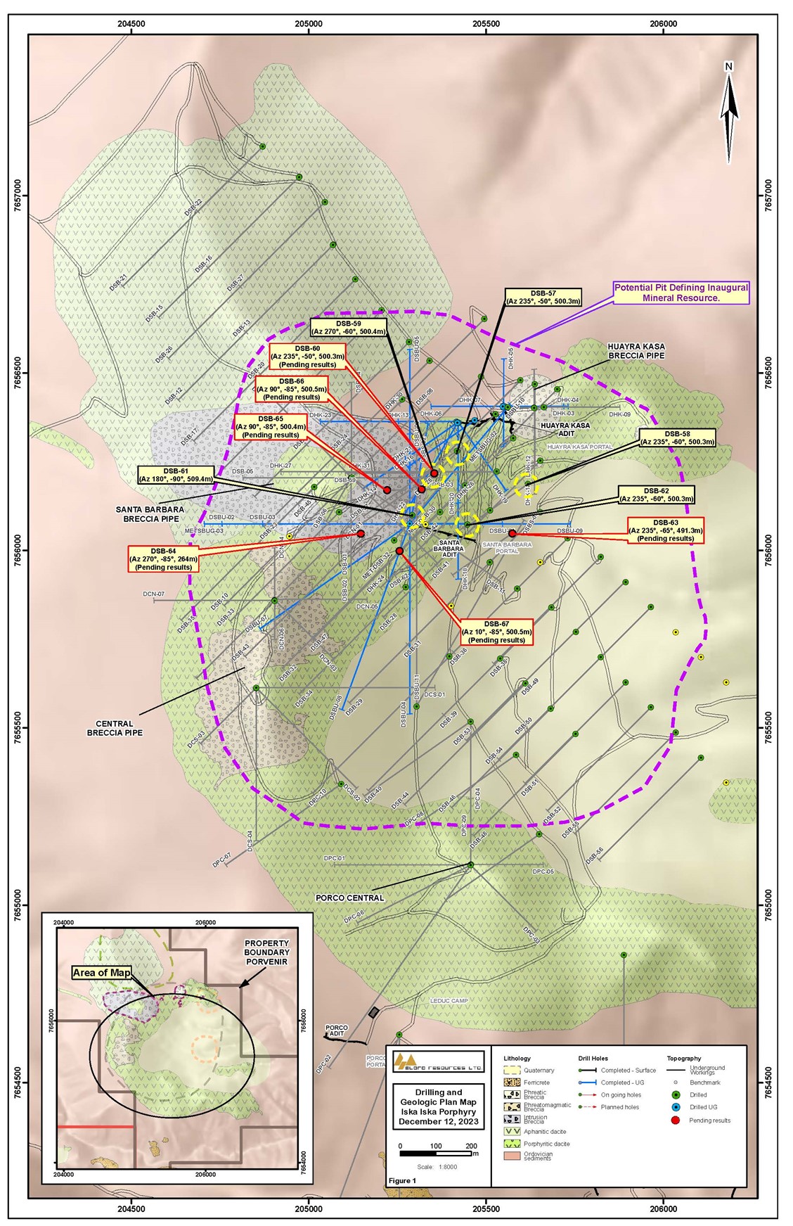 Location Map of Definition Drill Holes, Santa Barbara, Iska Iska. Holes in this release are highlighted in yellow circles.