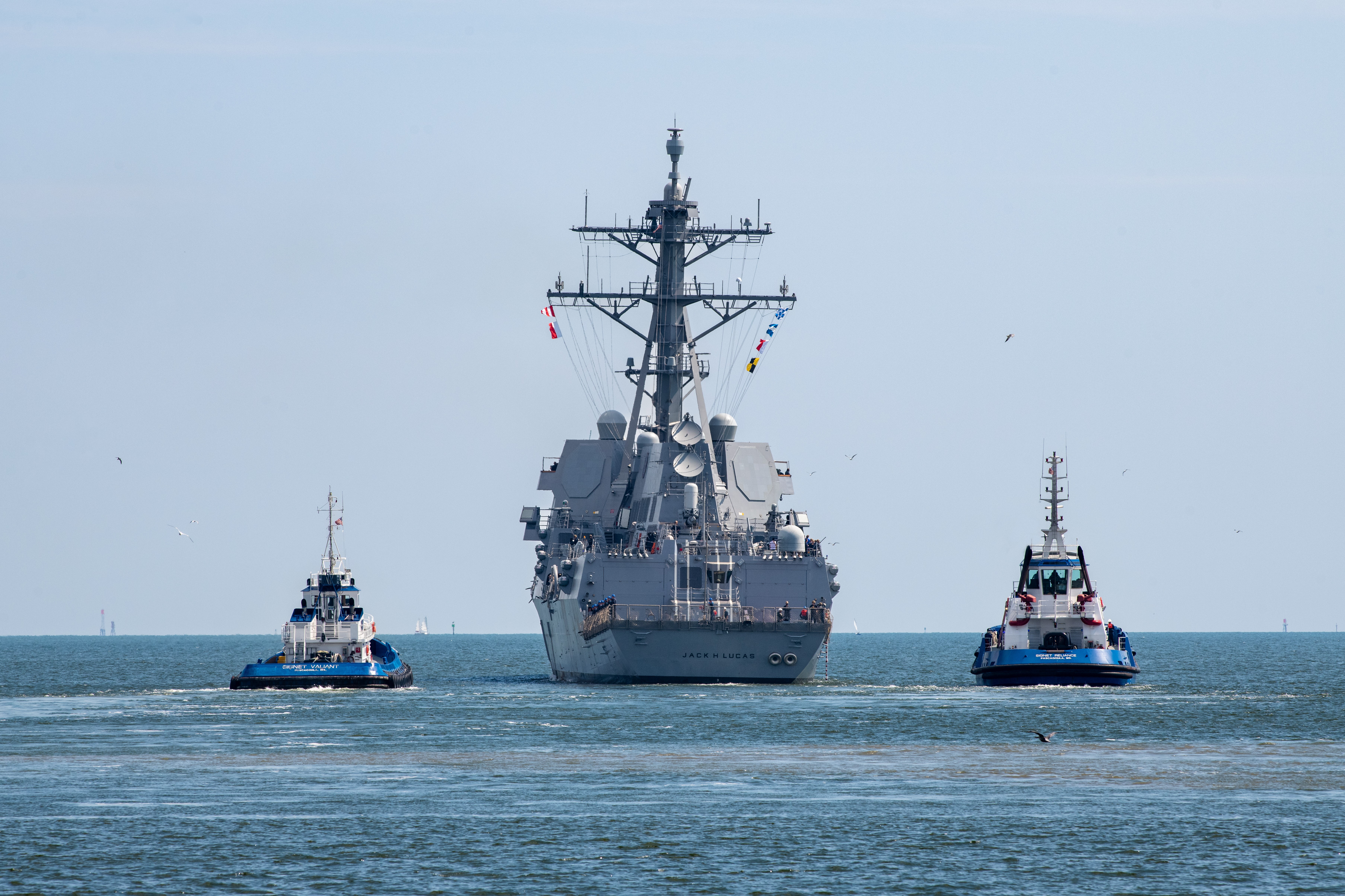 First Flight III destroyer Jack H. Lucas (DDG 125) sails away from Ingalls Shipbuilding.