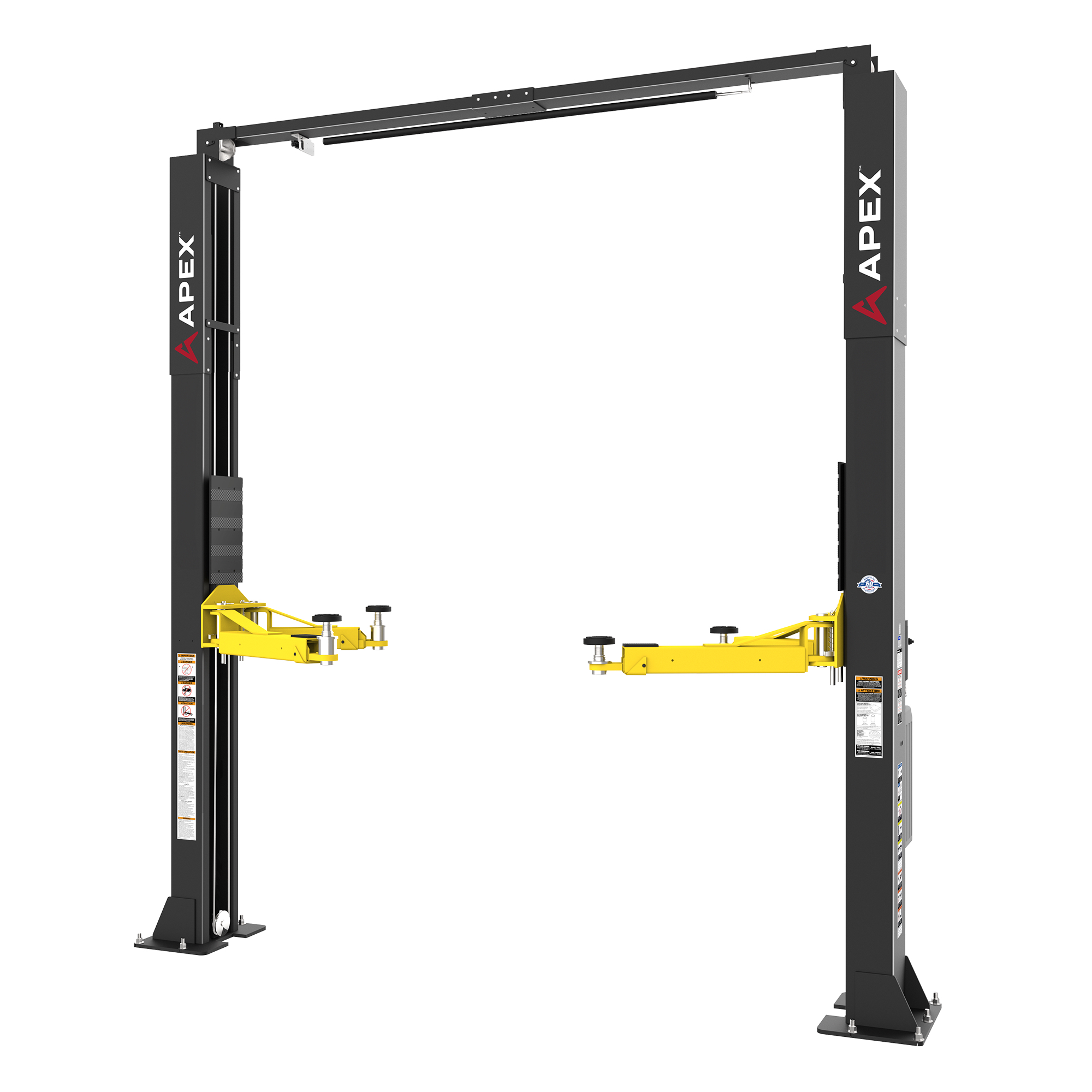 An APEX clearfloor two-post lift with triple-telescoping arms and 10,000 lbs. capacity.