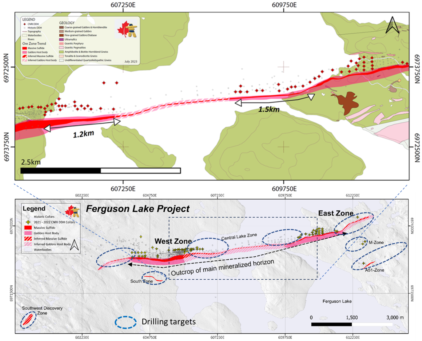 The Extensions of West Zone and East Zone defined by the drill holes completed in the springs of 2022 and 2023 in addition to historic drill holes.