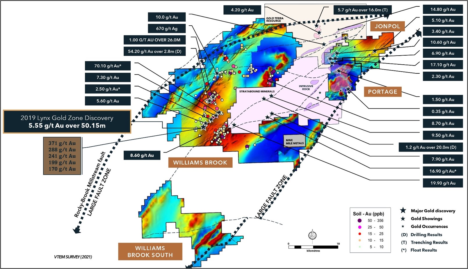 Main gold showings and occurrences at the Williams Brook Gold Project