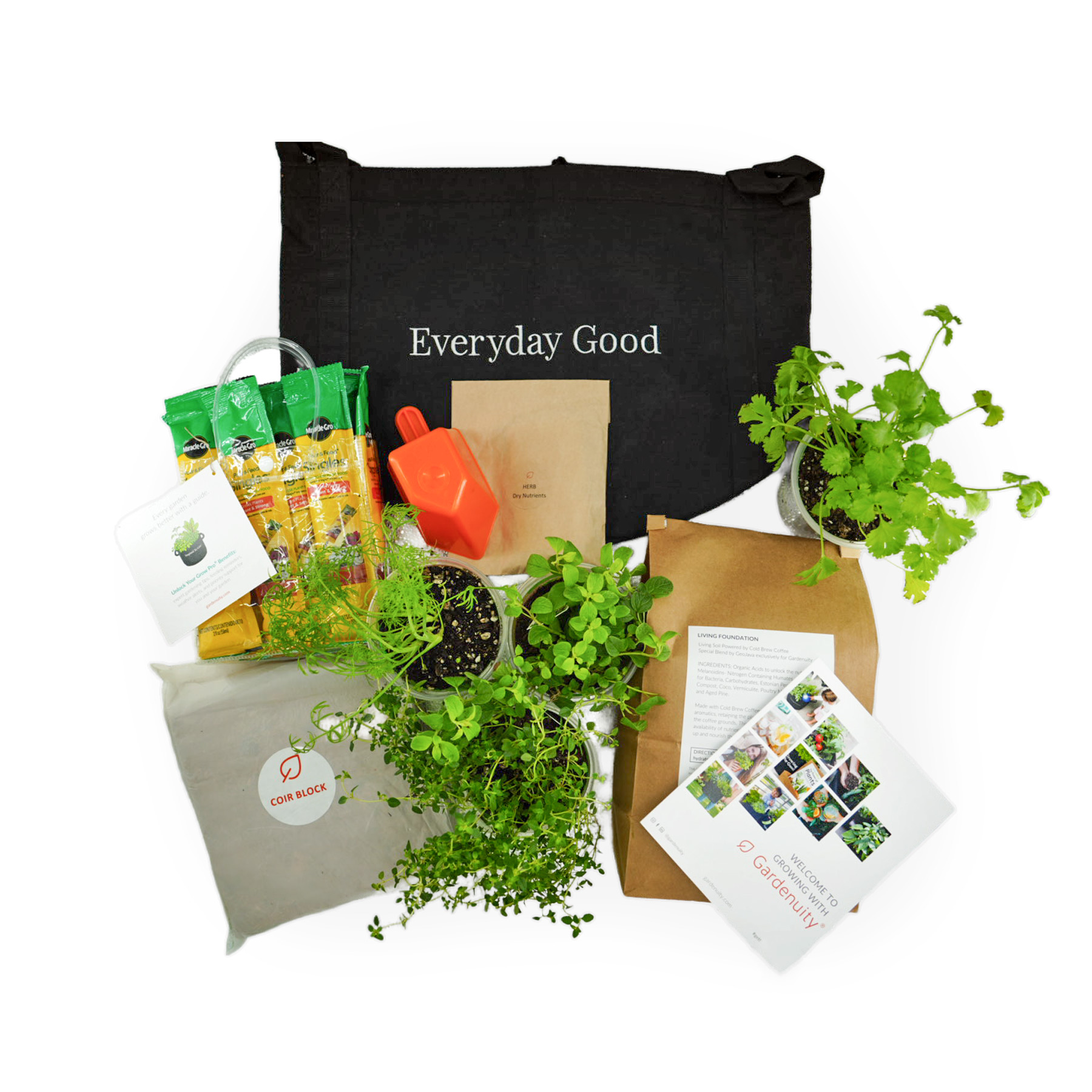 Each Inspired to Gro garden includes: 5-gallon, double-stitched grow bag, custom-blended soil, four fully rooted Bonnie Plants, Miracle-Gro Pour & Feed Plant Food, and Grow Pro support from Gardenuity, including personalized guidance and weather-based garden notifications to help ensure ongoing success.