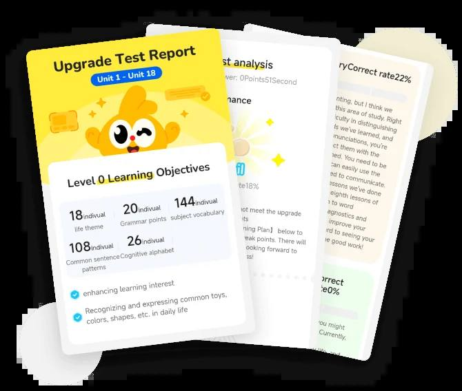 A 51Talk progress report for online English classes showing learning goals, assessments, and child improvement.