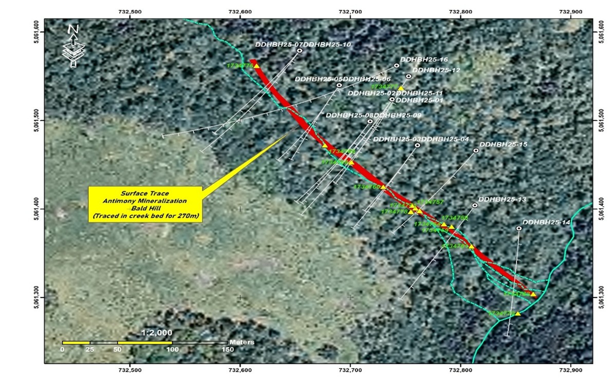 Location of the drill holes and surface occurrences - Antimony Resources