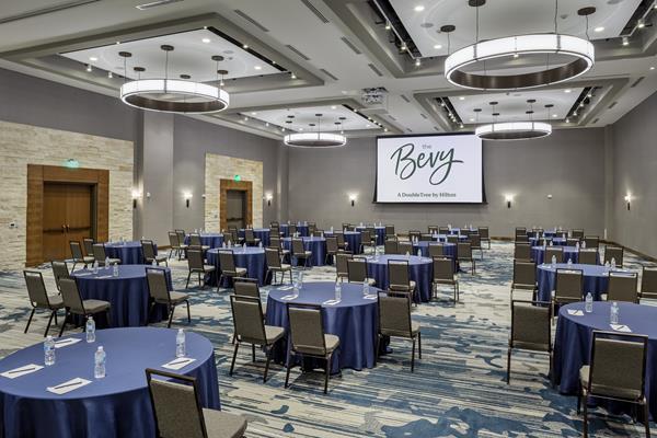 The Bevy Hotel is an IACC certified conference center with 15,000 sq.ft flexible space including the large ballroom (pictured) and multiple breakout rooms. 
