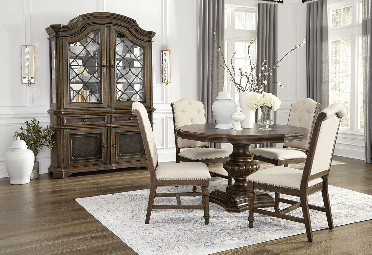 Merris 5-piece dining set shown with round table option.