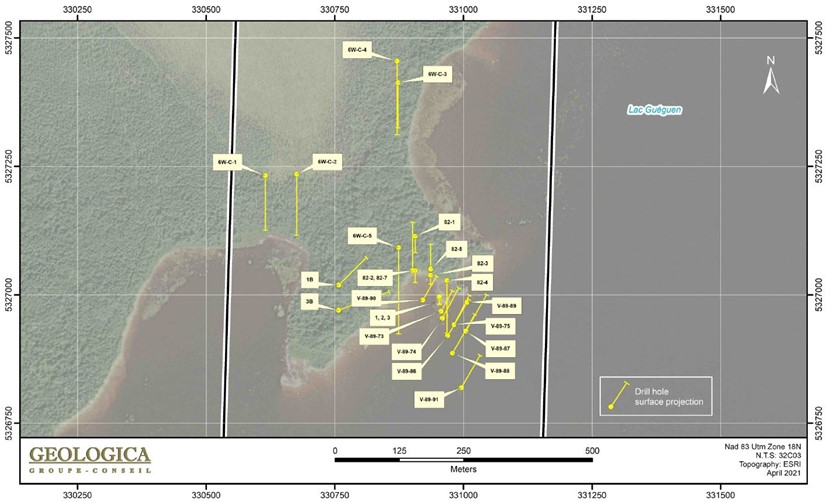 Location of previous drilling in the Rayon d’Or gold mineralization area.