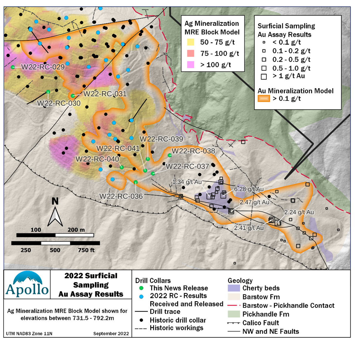 Drill hole and surface rock sample locations map as reported September 14, 2022, for the 2022 Calico Technical Program.