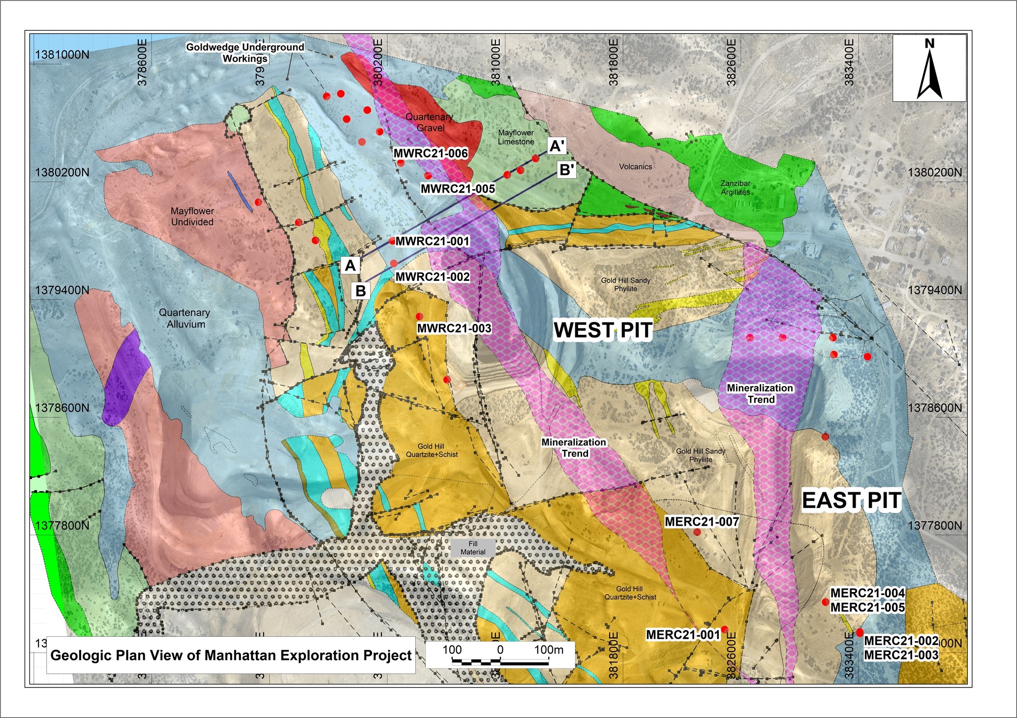 Geological map of the Manhattan Mine area with red circles showing drill collar locations and hole IDs indicating holes completed to date. A-A’ B-B’ mark cross sections referred to in Table 1.