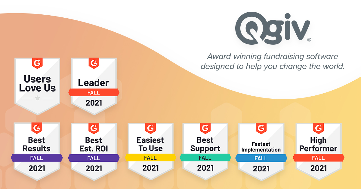 Graphic showing the G2 award badges Qgiv received for the fall of 2021. 