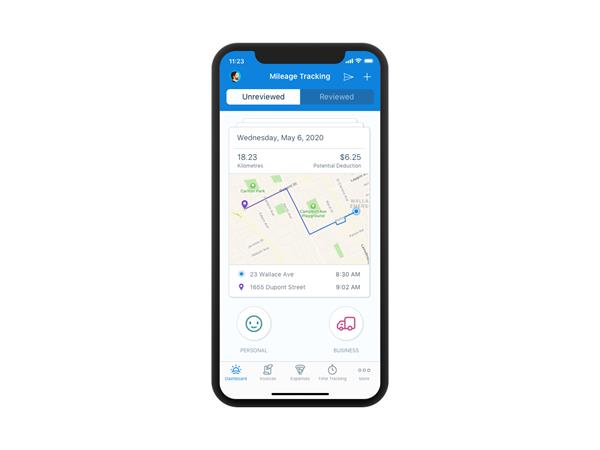 Mileage Tracking on FreshBooks iOS app features one-swipe functionality to categorize trips as personal or business-related