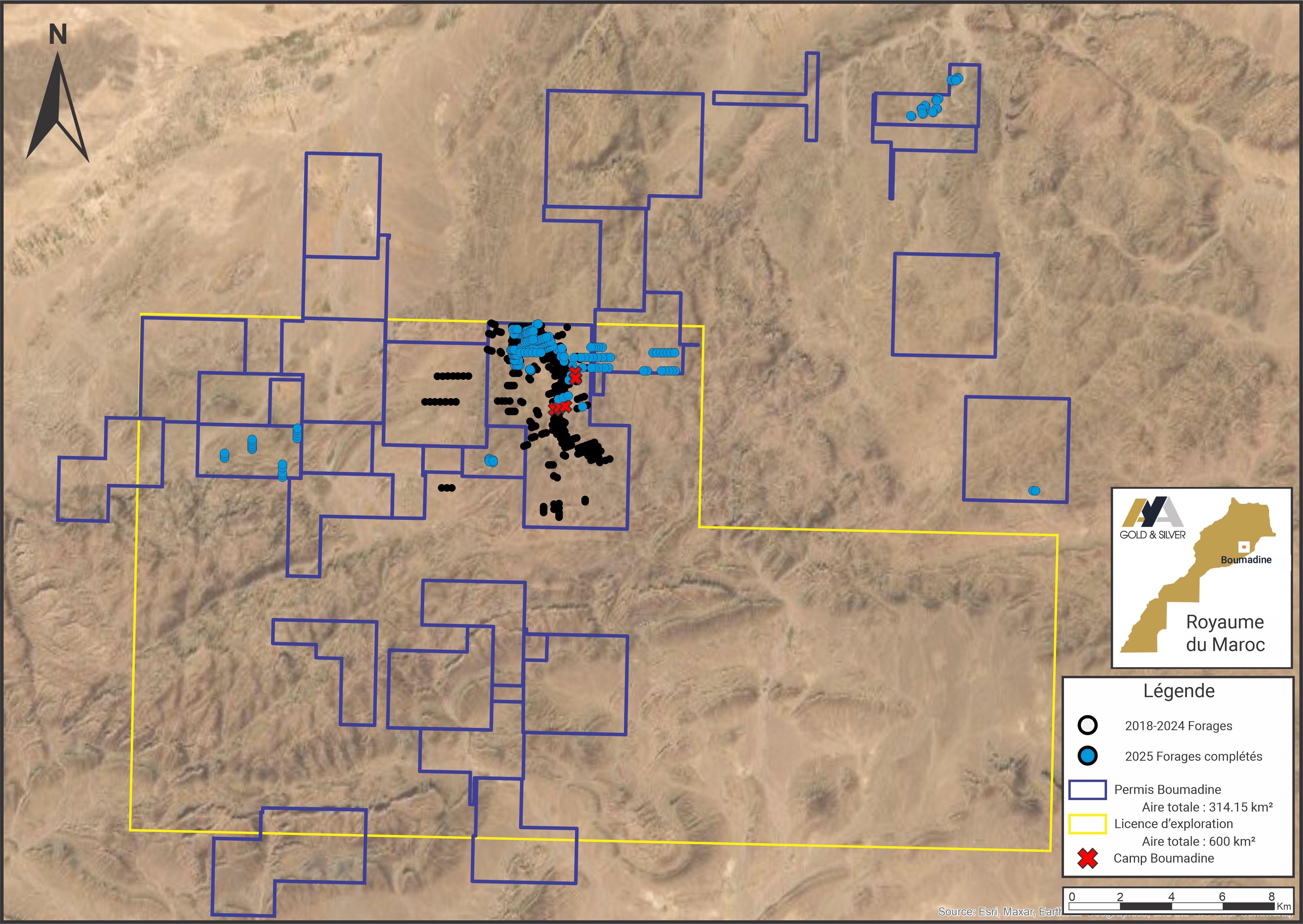 Plan de surface de la propriété Boumadine montrant les forages de 2025