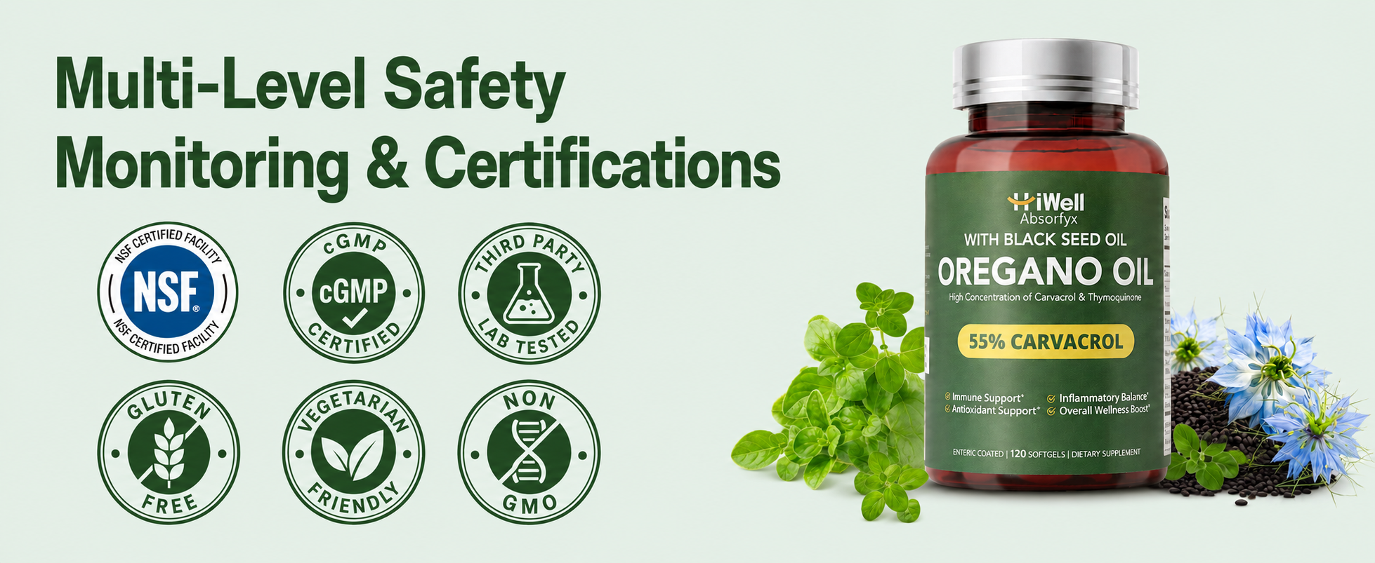 HiWell Absorfyx oregano oil bottle with NSF, cGMP, gluten-free, vegetarian, non-GMO, and third-party tested badges.