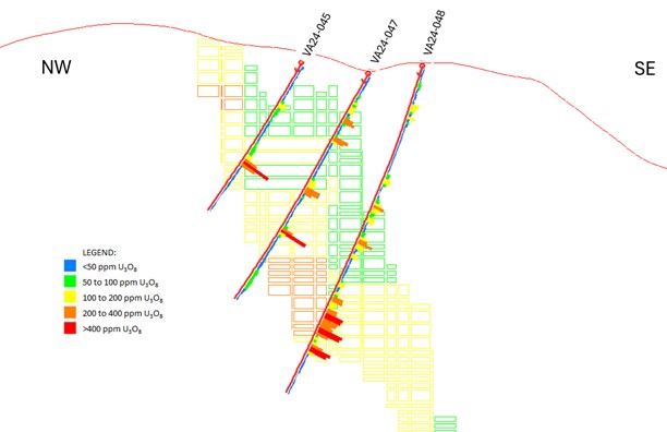 Section 2 through the Valencia East target. 2024 drillholes as at 7 August 2024  on a background of the May 2024 MRE block model. Note higher grade (