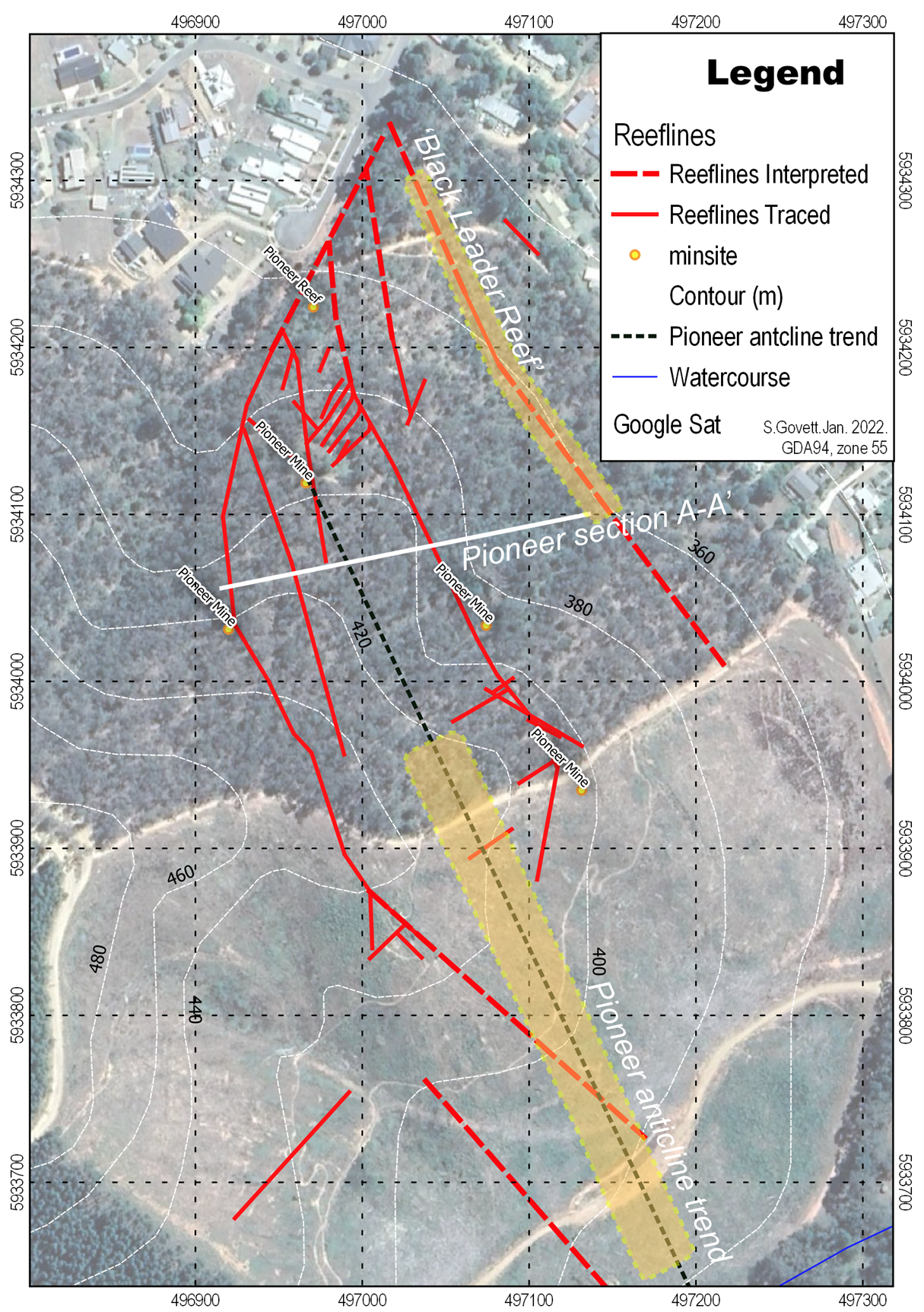 Figure 14 Plan of surface outcrop of historic mapped reef structures and trend of the Pioneer anticline.