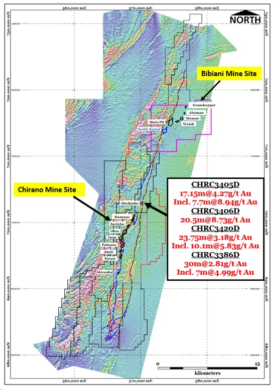 Aeromagnetic map of the Bibiani – Chirano Gold Corridor, principal Asante gold deposits and recent selected significant intercepts at the Aboduabo prospects.