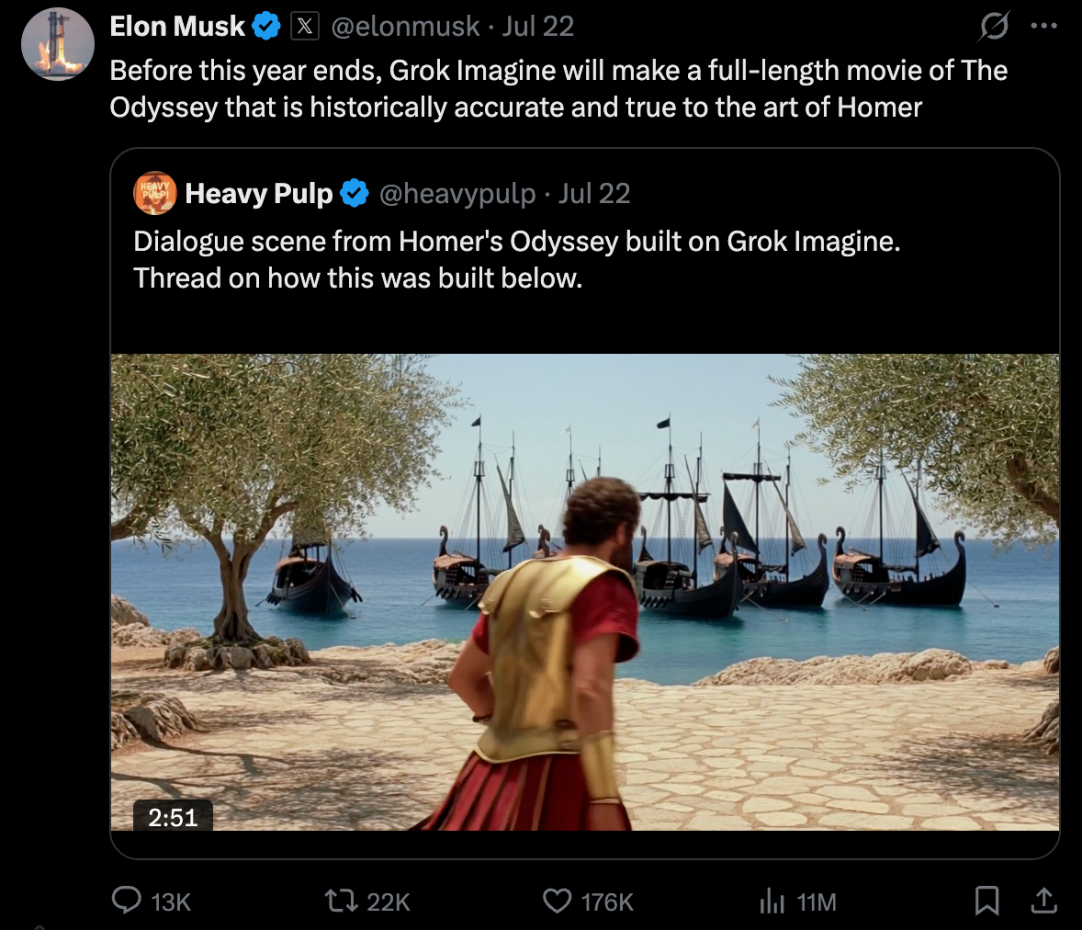Elon Musk X post about Grok Imagine making The Odyssey film