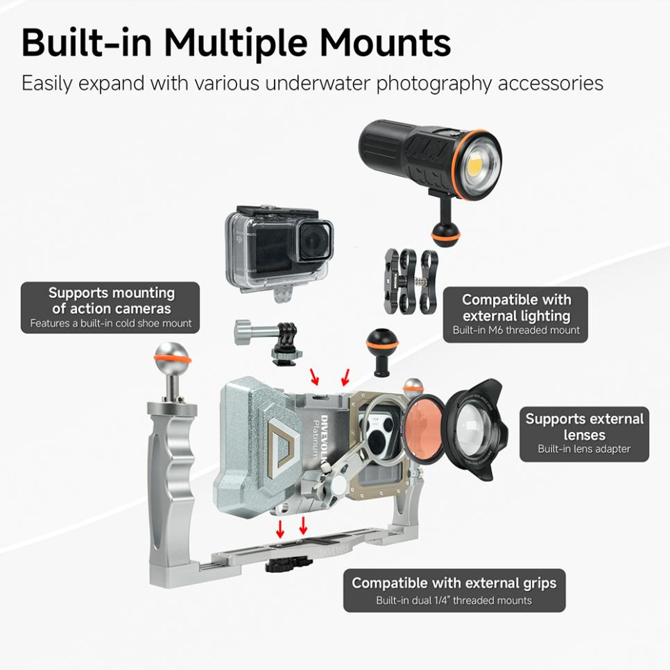 Built-in Multiple Mounts-Easily expand with various underwater photography accessories