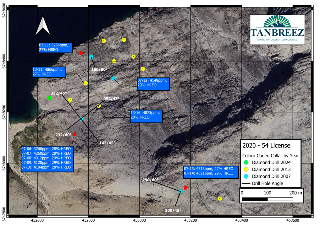 Drillhole collar positions for the new deep diamond holes in the Fjord Deposit area with the average assay results from surface.