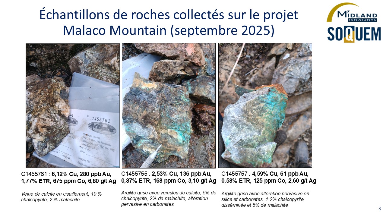 Figure 3 Échantillons de roches collectés sur le projet Malaco Mountain (Sept. 2025)