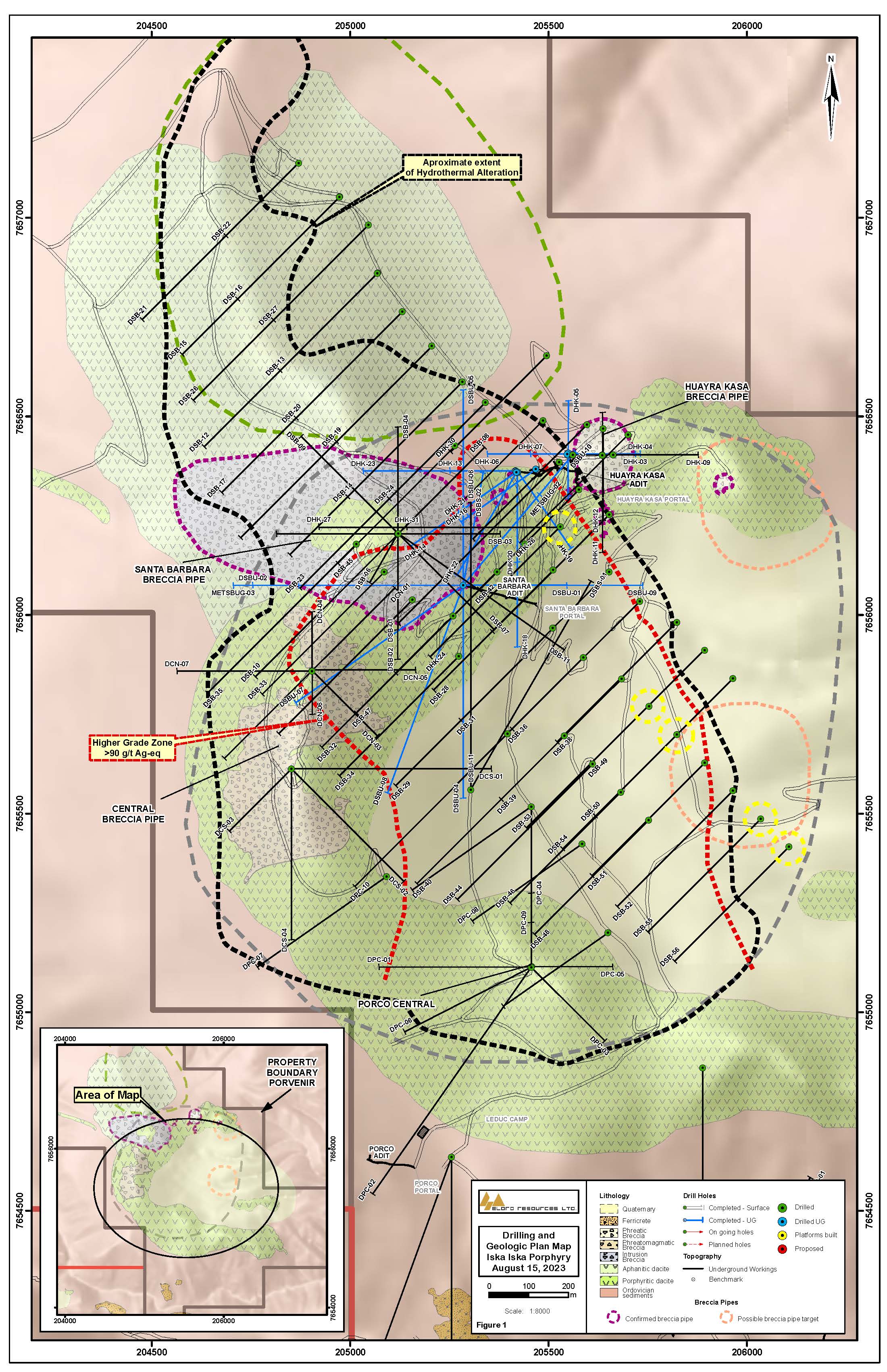 Geological Map of the Santa Barbara Deposit area in Iska Iska Showing Locations of Diamond Drill Holes.  Holes reported in this release are highlighted in yellow circles