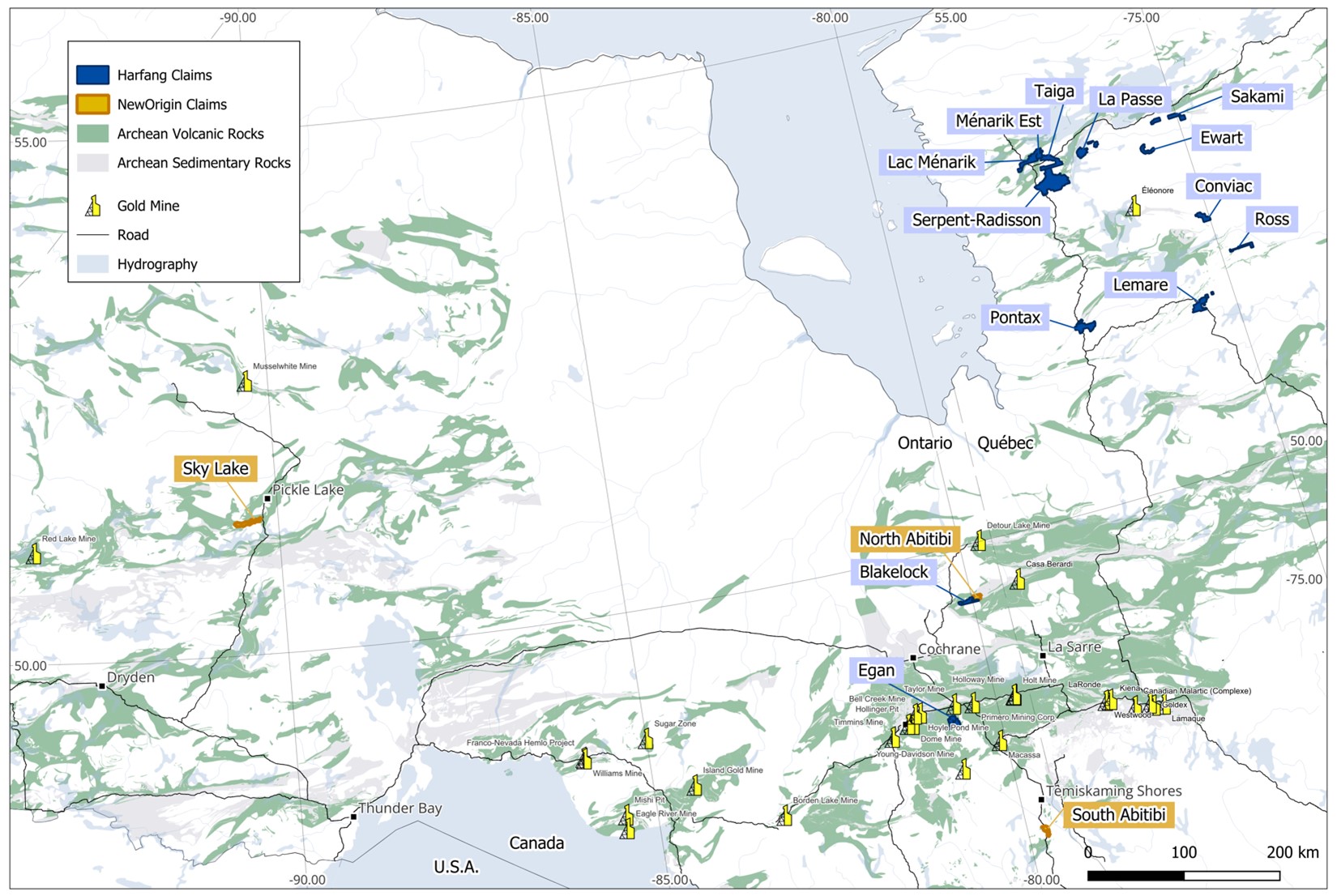 Carte de localisation montrant les actifs de Harfang et de NewOrigin au Québec et en Ontario.