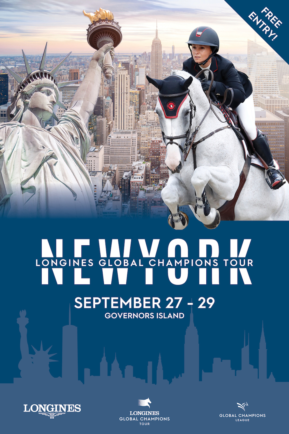 2019 Longines Global Champions Tour of New York promotional poster, featuring Georgina Bloomberg
The New York Empire team riders for the Global Champions League in New York (L to R): Daniel Bluman (ISR), Georgina Bloomberg (USA), Scott Brash (GBR). Photo by Ashley Neuhof Photography.
