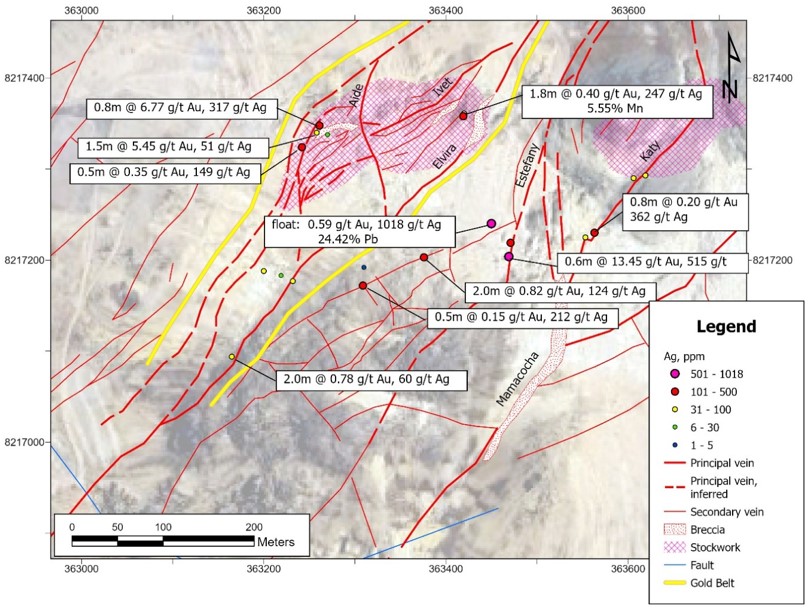 Surface sample results, Mamacocha Zone.  Channel sample 4017:  1.5m @ 5.45 g/t Au, 51.3 g/t Ag from Gold Belt Zone (Franja de Oro) 