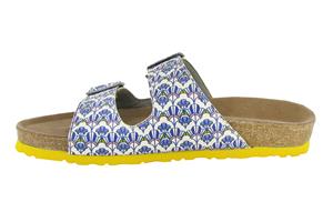 sandals with two straps and buckles made from vegan white leather printed with blue designs