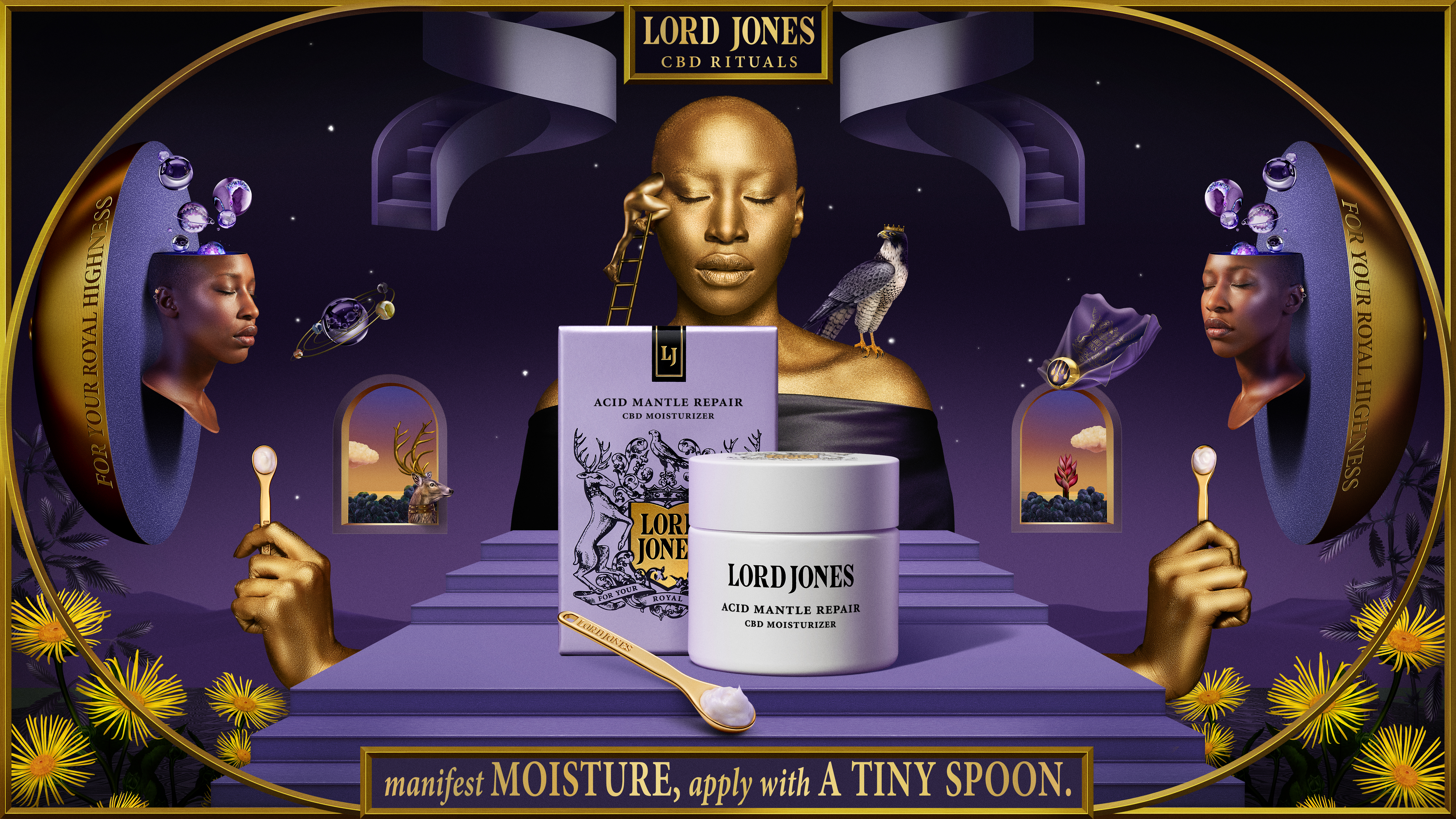The Lord Jones campaign assets pique the imagination with dreamlike visuals and unexpected settings to illustrate the transformative nature of Lord Jones CBD rituals. 