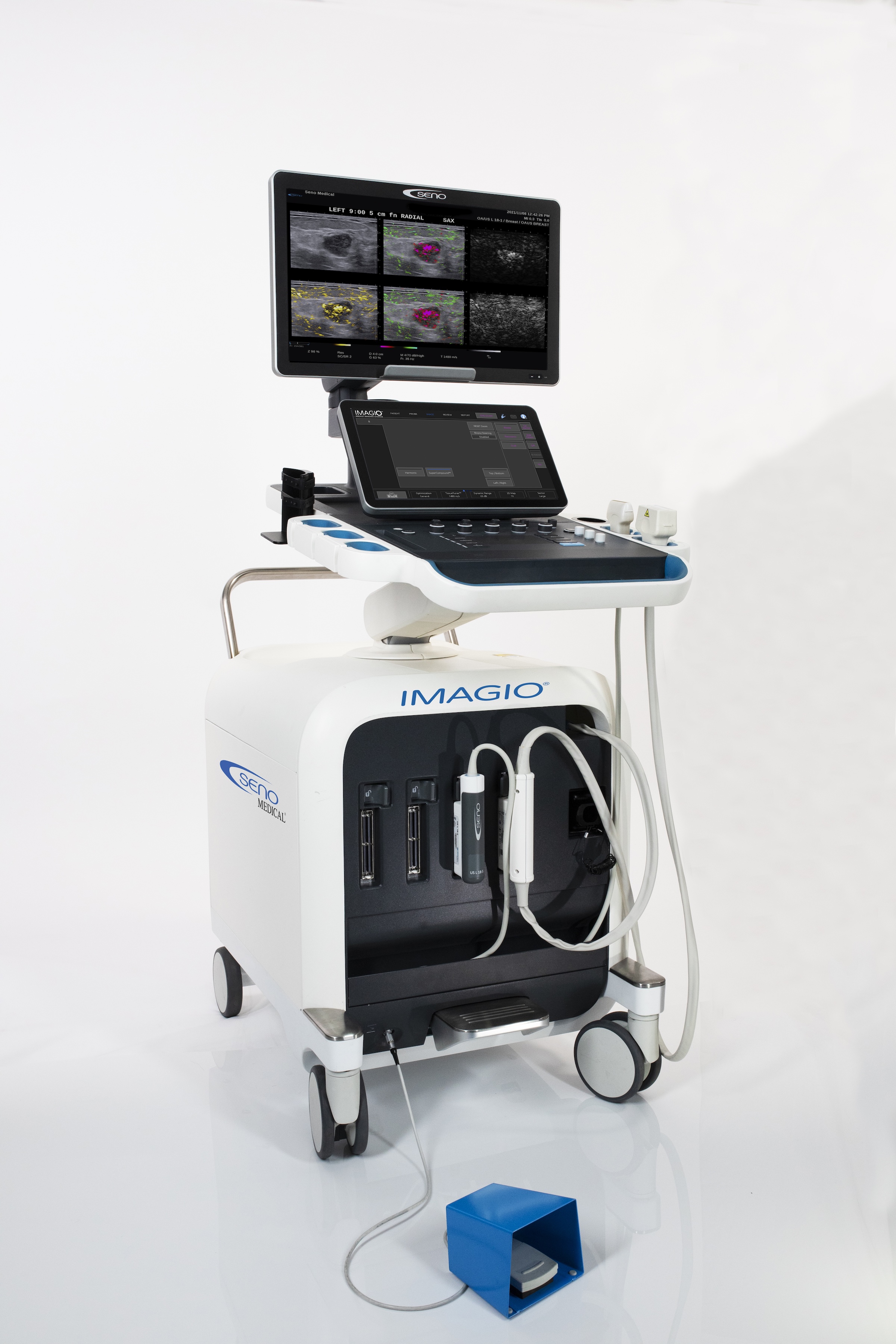 Imagio's opto-acoustic imaging is a category-defining technology that combines functional (opto-acoustics or photoacoustics), anatomic (ultrasound) and morphologic information using light (laser optics or opto-acoustics)  and sound waves plus proprietary artificial intelligence (SenoGram®) decision support to produce high-resolution, high- contrast images for clinicians. The result is a diagnostic imaging modality that delivers functional information regarding suspicious breast masses, increasing confidence regarding the need for invasive breast cancer diagnostic biopsies.  Imagio® is non-invasive, has no ionizing radiation, does not use contrast agents, and does not require the compression required in mammography. Imagio® provides clinicians with real-time information and the ability to provide same-day results. Incorporating Imagio® into a center can improve workflow efficiency and help lower stress and anxiety in patients.