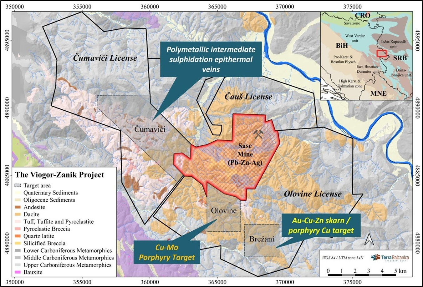 The Viogor-Zanik project with the key target areas: Cumavici, Olovine and Brežani and their associated style of mineralisation