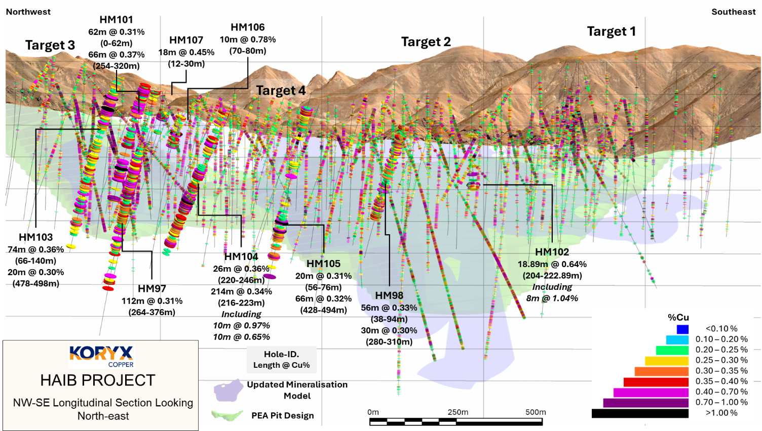 Long section looking northeast showing nine drillhole intersections relative to the model for Cu mineralization 