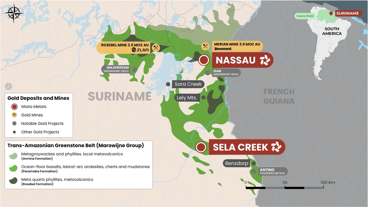 Location of the Sela Creek and Nassau Gold Projects as well as other notable projects in Suriname.* 