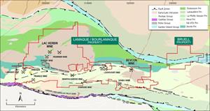 Geological map showing outline of the Lamaque / Bourlamaque and Bruell license areas and locations of projects reported in this news release.