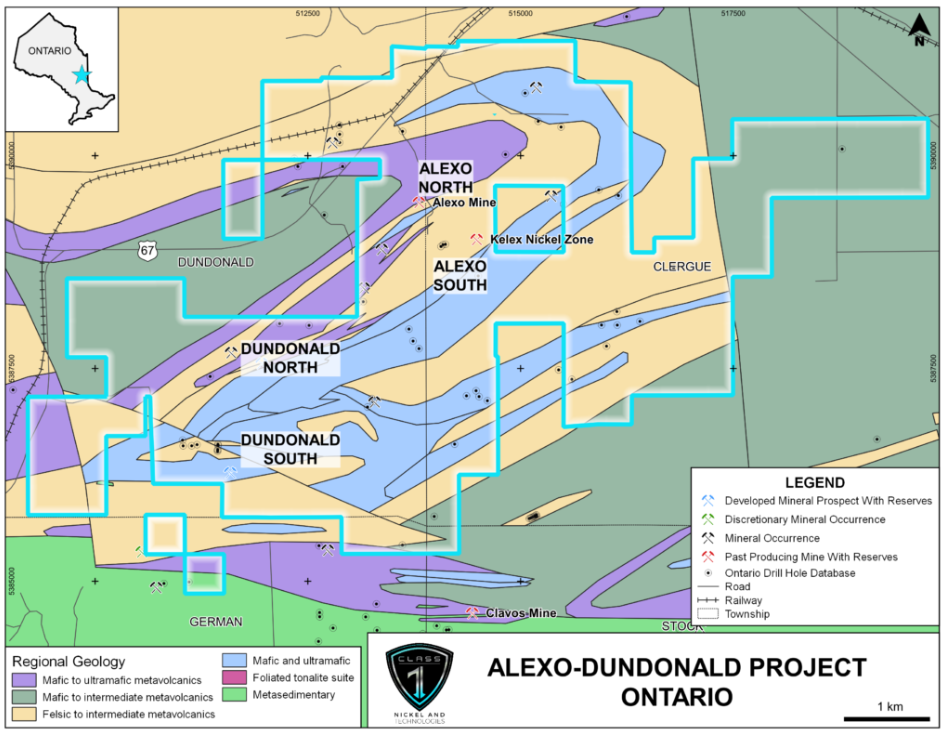 Location of the Alexo-Dundonald Nickel Sulphide Project in the Timmins Mining Camp, Ontario and the location of the 4 nickel sulphide deposits outlined to date