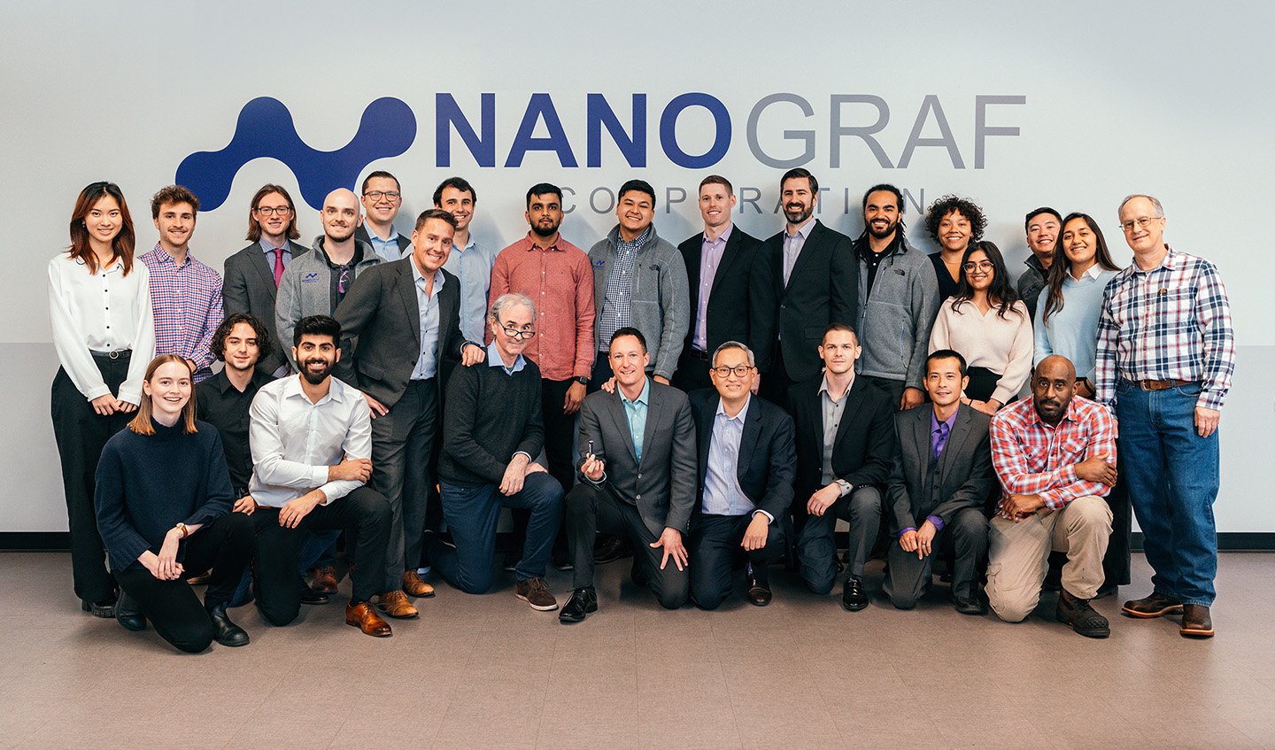 NanoGraf team photo. NanoGraf is a Chicago-based advanced silicon anode battery material company enabling stronger, lighter, and longer-lasting lithium-ion batteries.