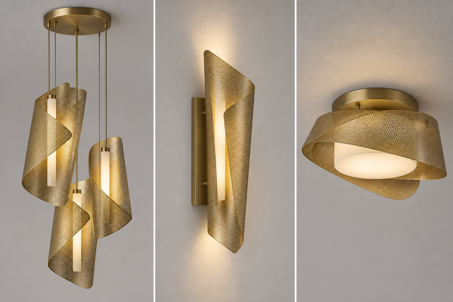 Folded Veil uses a folded, perforated-looking design language across three fixture formats. Image: Dlight Decor.