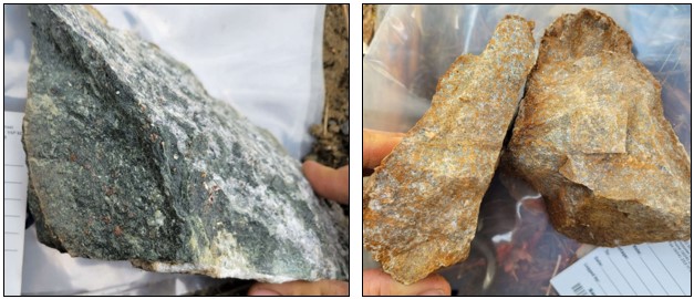 Photo 1 (left): Disseminated pyrite within a diorite unit outcropping along the highway. Assays returned values up to 8.2 g/t Au and 130 g/t Ag. Photo 2 (right): Limonitic felsic intrusive float with up to 10% pyrite. This unit is found as float within a 400x300m boulder field. Assays from the felsic rock returned values up to 5.6 g/t Au and 30.7 g/t Ag.